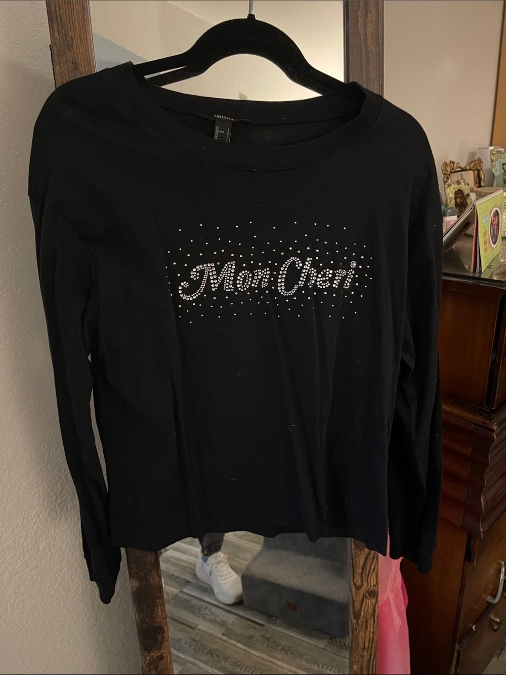 Mon Cheri Black Long Sleeve Tee with Rhinestone Logo